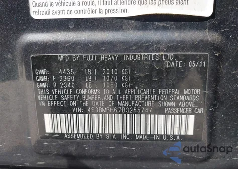 2011 Subaru Legacy 2.5I Premium из США, поврежденный, VIN 4S3BMBH67B3255747